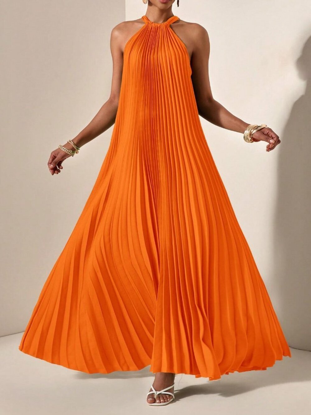 Orange Casual Women's Halterneck Sleeveless Pleated Maxi Dress